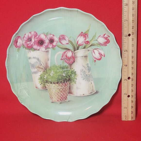 Vintage Melamine Plastic Green Dessert Plates Pink Tulips 8" Set of 2 - Picture 8 of 10